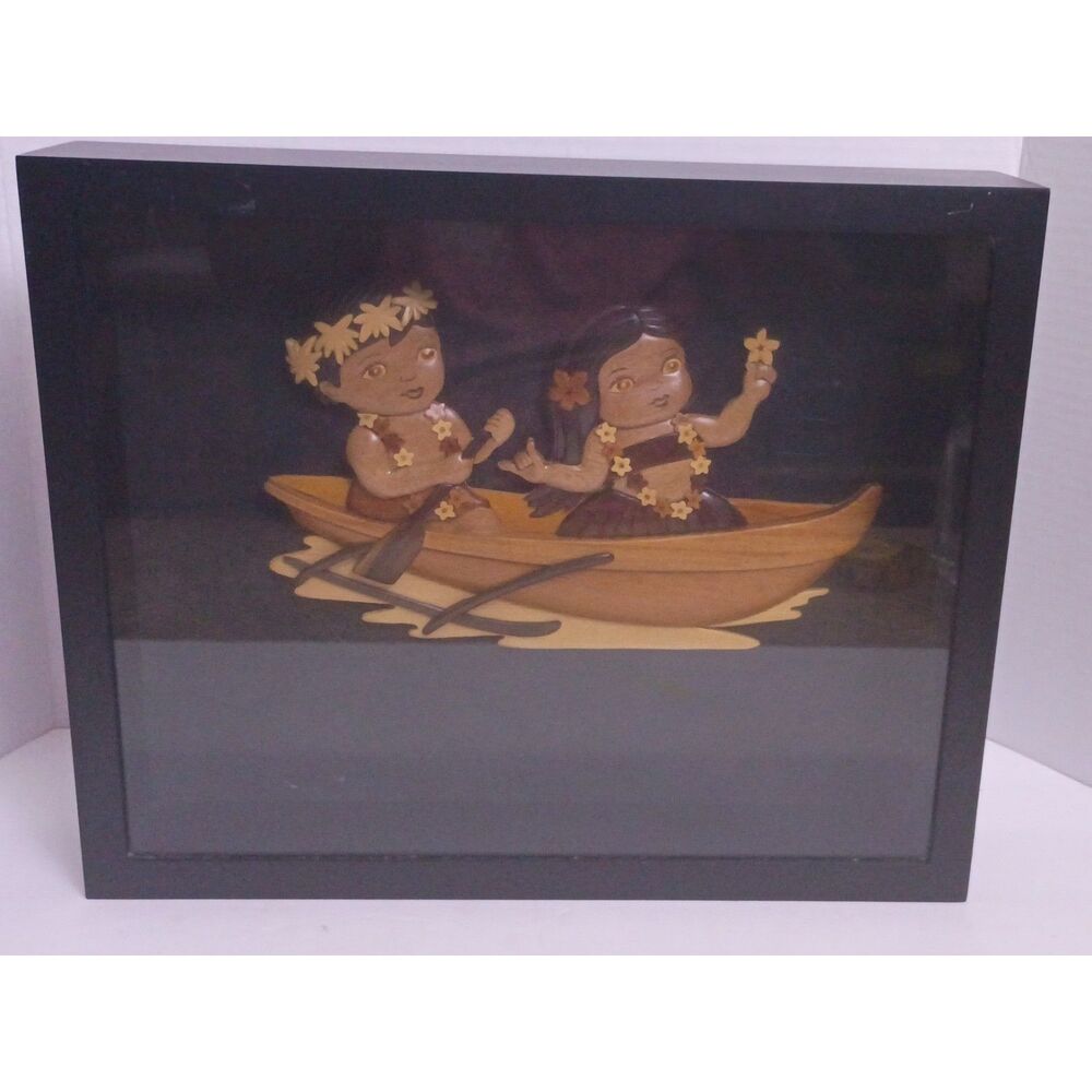 Multi-Layered Wooden Hawaiian Scene Shadowbox Decoration of Two Keiki in a Canoe